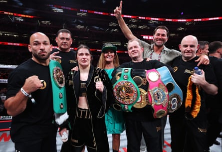 Katie Taylor celebrates defeating Amanda Serrano in a unanimous points decision at AT&T Stadium in Arlington, Texas