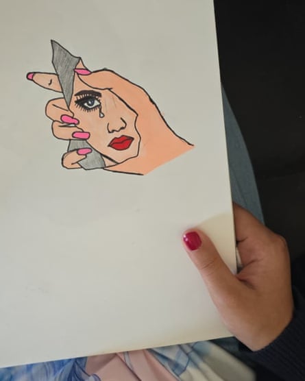 A drawing depicting a female hand holding half a face of a woman or girl who is crying