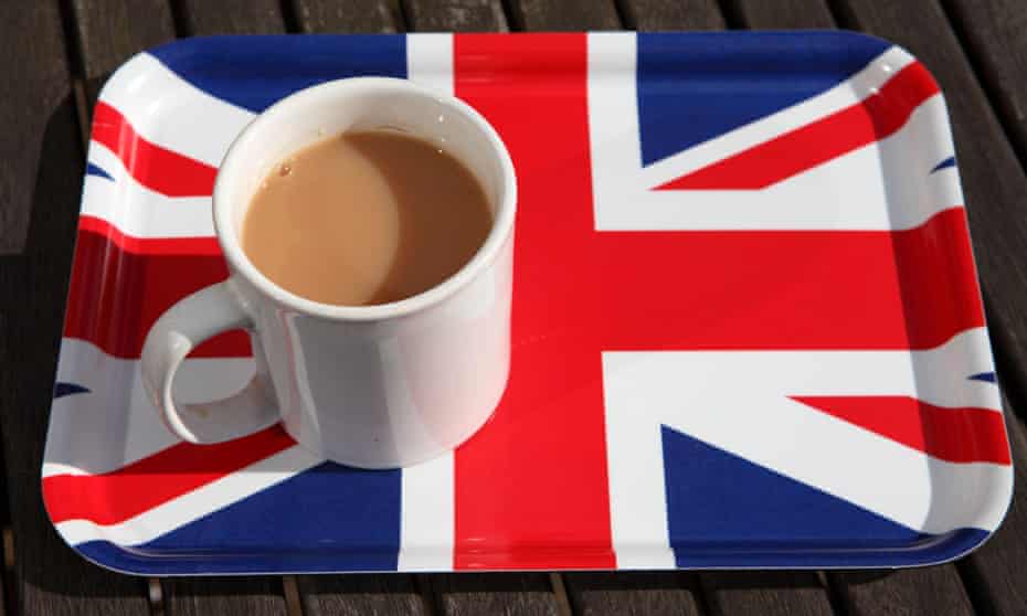 A mug of hot tea is served on a Union Jack tray