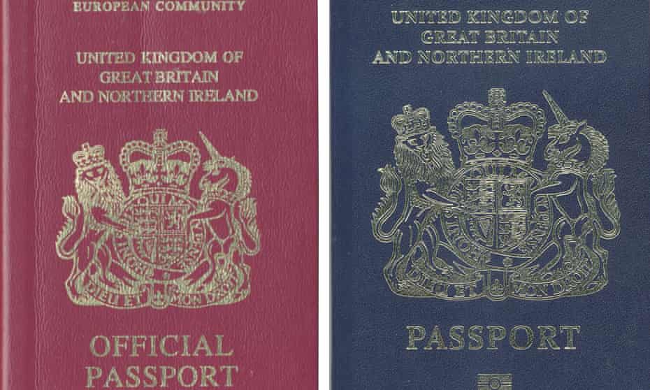 The current red and proposed blue UK passport. 