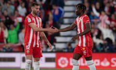 Almeria's El Bilal Touré (right) celebrates with Leo Baptistao after scoring his team's winner.