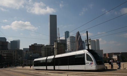 Metrorail train with Houston skyline