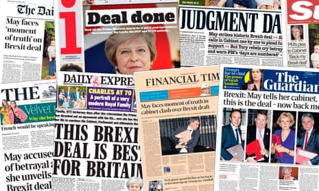 Front pages of the UK newspapers on the day of Theresa May’s Brexit deal which is to be put to the cabinet.
