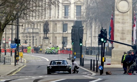 Matt LeBlanc in in the modified Ford Mustang filming for the new BBC Top Gear series on Whitehall, London.