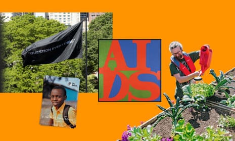 Composite image featuring clockwise from left, Virgil Abloh’s PSA,2019. Nylon flag, AIDS 1987 by General Idea, The Floating Garden, The Common Sense Network magazine
