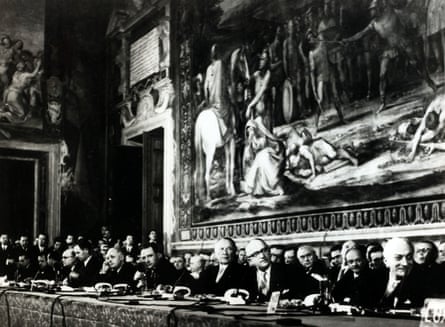 The leaders of France, West Germany, Italy, Netherlands, Belgium and Luxembourg gather to sign the Treaty of Rome, forming the Common Market, in 1957.