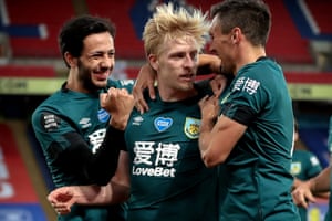 Burnley’s Ben Mee celebrates with his teammates after scoring against Crystal Palace in June