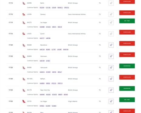 A live view of the Heathrow departures board showing a number of cancelled flights