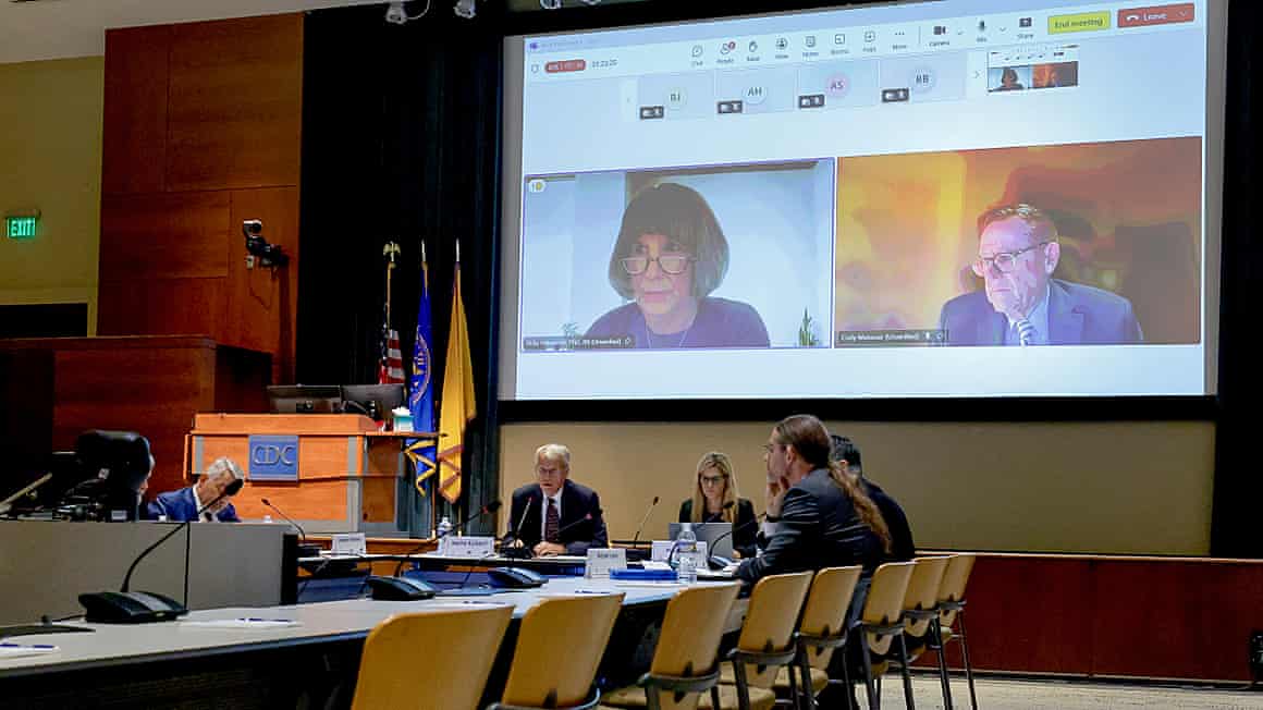 Vicky Pebsworth (left) and Dr Cody Meissner (right) attend CDC vaccine panel meeting virtually on 26 June 2025.