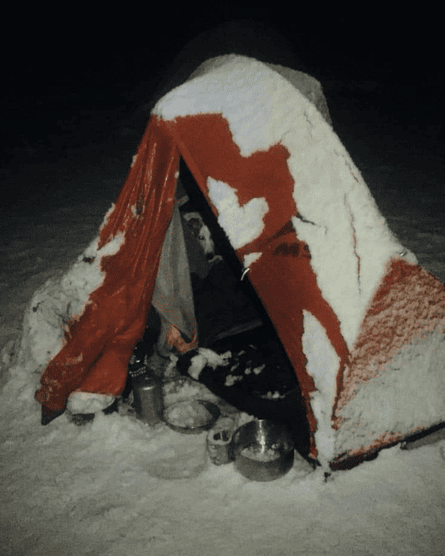 Dog in tent in snow