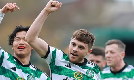 James Forrest shows his delight after giving Celtic the lead.