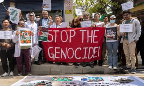 A group of Nepalese doctors from teaching hospitals protest, calling for peace in Gaza, near the Israeli embassy in Kathmandu, Nepal, 29 March 2024, amid escalation in the Israeli-Palestinian conflict.