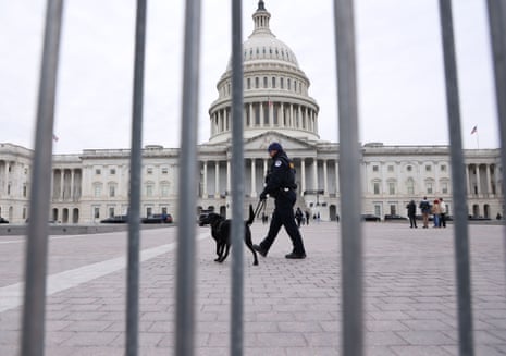 A US Capitol Police officer patrolling earlier this year. Donald Trump claimed Washington DC was ‘very unsafe’