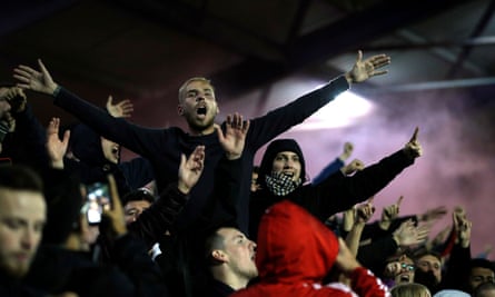Southampton fans celebrate their second goal in their 4-0 Carabao Cup win over Portsmouth.