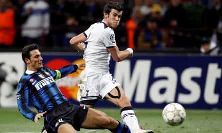 Gareth Bale scores one of his three goals against Internazionale at the San Siro in 2010.