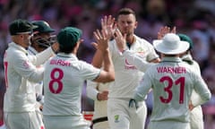 Josh Hazlewood celebrates taking a Pakistan wicket for Australiaon day three of the third Test