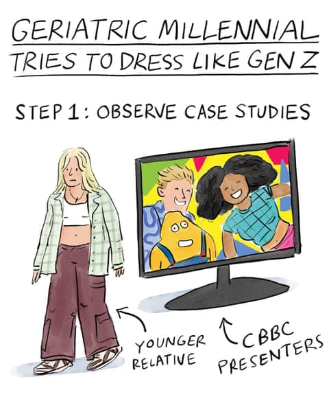 Becky Barnicoat cartoon on dressing like Gen Z, panel 1