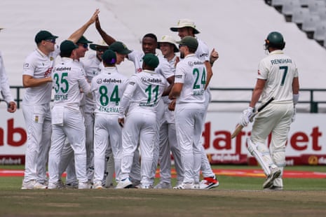 South Africa celebrate the wicket of Australia's Matt Renshaw on day five of the third Test