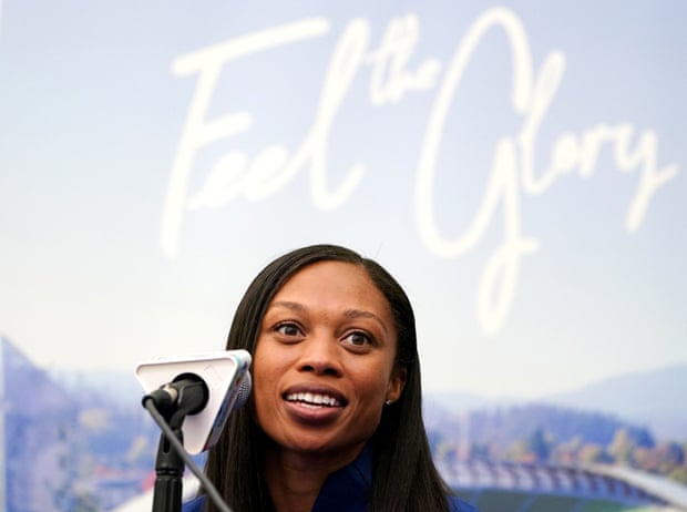 Allyson Felix speaking at a pre-championship press conference