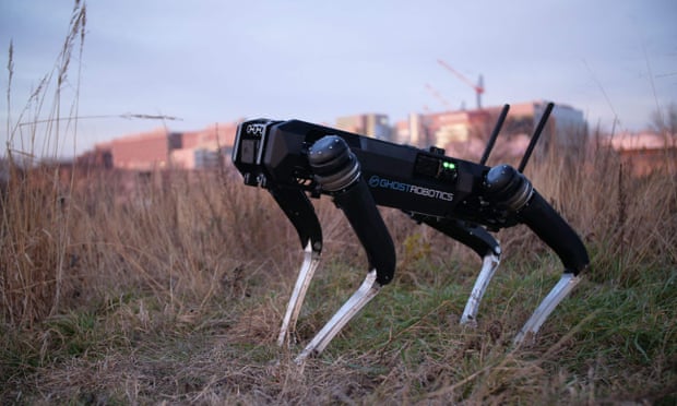 a metal machine in the shape of a vicious-looking, headless guard dog stands in a grassy wasteland, looking to the horizon in an eerie and contemplative way against a backdrop of industrial-looking buildings and a hazy sky.