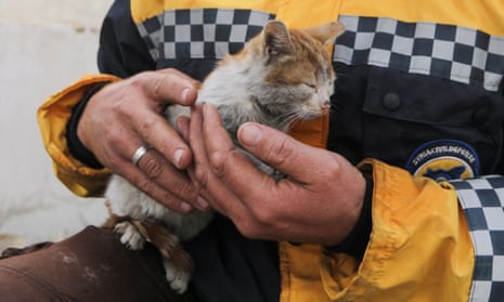 A White Helmets volunteer holds a rescued cat in the aftermath of an earthquake, in the rebel-held town of Jandaris, Syria.