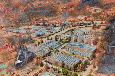 Aerial position of a ample information halfway analyzable overlaid pinch burned, chemical-like textures and glowing marks
