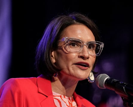 Peggy Flanagan, who is running against Angie Craig for the Democratic nomination to fill Tina Smith’s senate seat, speaks at a campaign rally in Minneapolis, Minnesota, U.S., July 20, 2026.