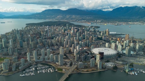 An aerial view of the retractable roof of the BC Place Stadium in Vancouver, Canada.