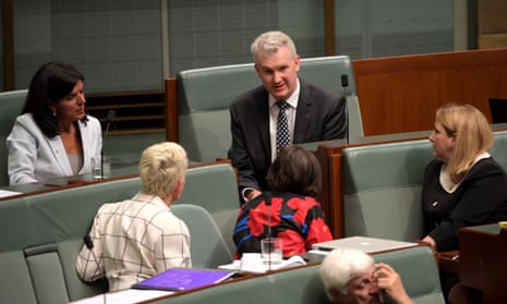 Tony Burke speaks to independent MPs Julia Banks, Kerryn Phelps, Cathy McGowan and Rebekha Sharkie in the parliament