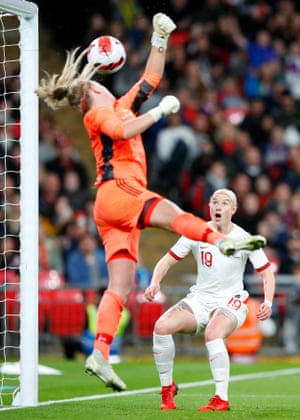 Bethany England of England looks on at the ball, before scoring her team’s second goal.