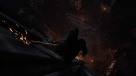 A human figure with clawed hands slides down the side of a building.