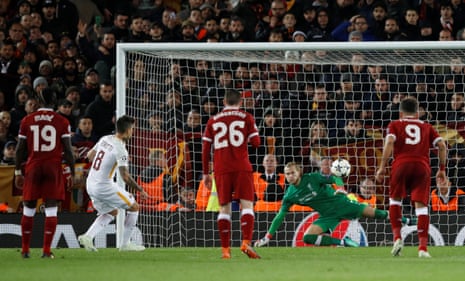 Diego Perotti sends Karius the wrong way from the spot.