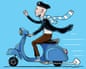 Illustration of Pep Guardiola riding a scooter with flowing scarf
