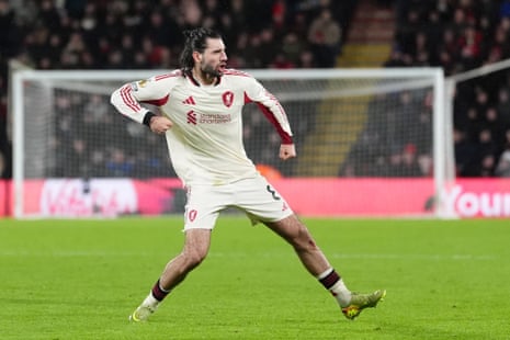 Liverpool's Dominik Szoboszlai celebrates scoring his side's second goal of the game to level the scores at the Vitality.