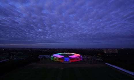The Olympic Stadium’s rainbow display.