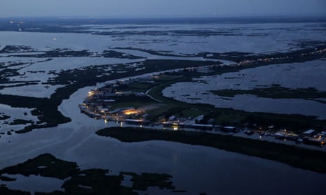 overhead view of marshland and coastal waters