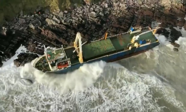 Coast Guard image of the MV Alta after it was blown on to rocks during Storm Dennis.