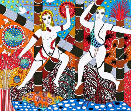 Dorothy Iannone’s The Queen of the Amazons and Achilles, colour silkscreen on paper, 2007.