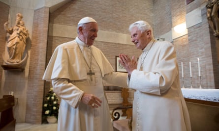 Not one pope but two: Joseph Ratzinger, right, as Pope Emeritus Benedict XVI, with his successor, Pope Francis, at the Vatican in 2016.