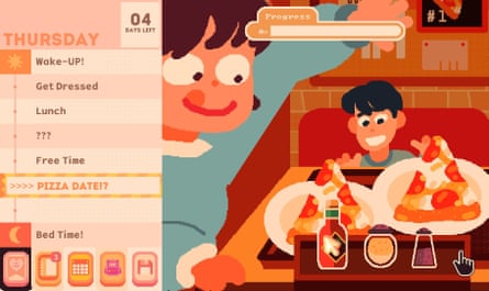 A screenshot of Consume Me showing a pizza date on the right, and an in-game interface on the left