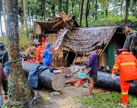 A tree has been cut up as rescuers work to remove it, with a damaged bamboo and straw house behind
