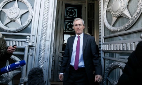 The British ambassador to Russia, Laurie Bristow, leaves leaves the Russian foreign ministry in Moscow.