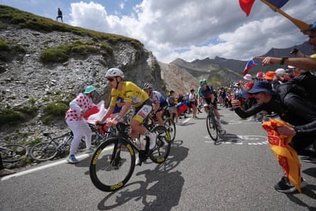 Tadej Pogacar climbs the Galibier pass ahead of Remco Evenepoel and France’s Paul Seixas on Saturday’s stage to Alpe d’huez.