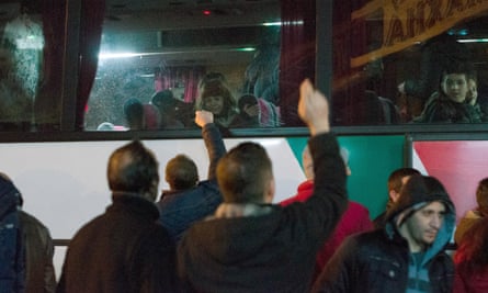 A bus at the terminal in Pristina, Kosovo, leaving for Belgrade.