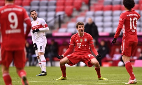 Thomas Müller celebrates during Bayern’s win over Stuttgart earlier this month.