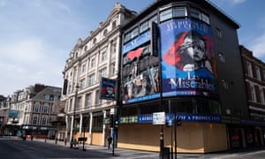 A closed theatre in London’s West End, with Les Miserables posters