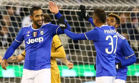 Medhi Benatia celebrates after scoring the second goal for Juventus against Tottenham.
