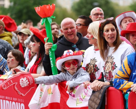 England supporters look on during the Red Roses’ World Cup victory celebration at Battersea power station.