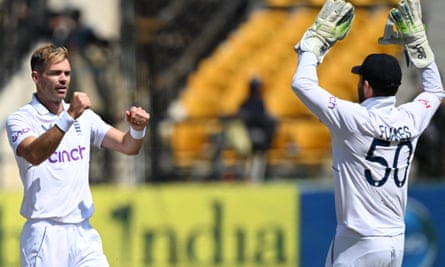 Jimmy Anderson celebrates with Ben Foakes after taking the wicket of India’s Shubman Gill