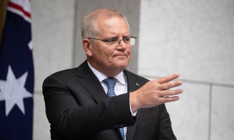 The prime minister Scott Morrison at a press conference in the PM's courtyard of Parliament House in Canberra